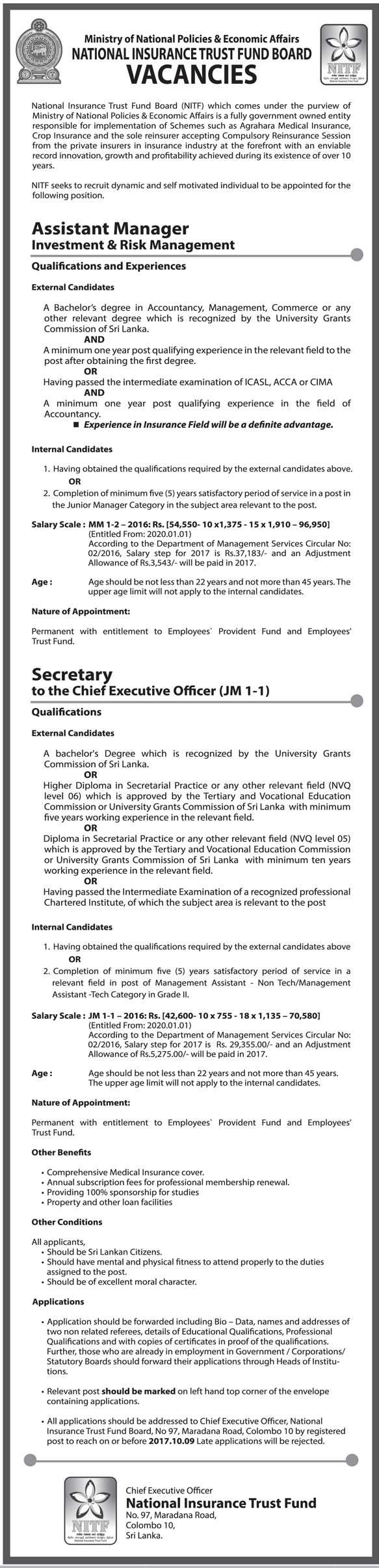 Assistant Manager (Investment & Risk Management), Secretary to the Chief Executive Officer - National Insurance Trust Fund Board
